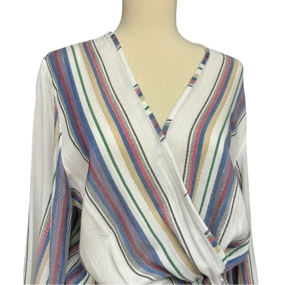 Blue Island White Multi Stripe Wrap Dress Women’s Medium Boho Tassel Tie Lightwe - Picture 8 of 13